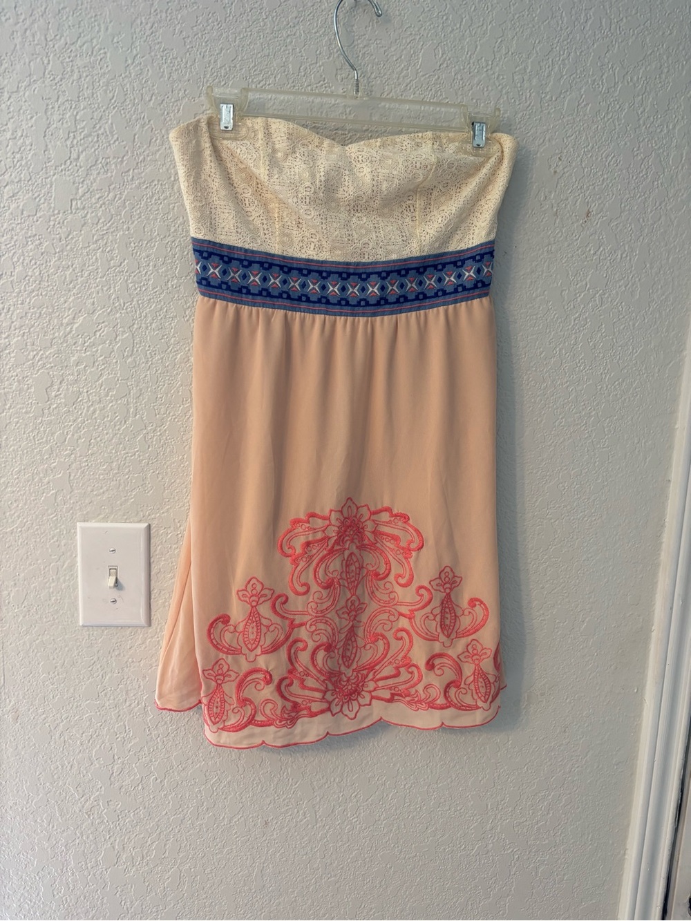Flying Tomato strapless, mini dress embroidered BoHo cottage core hippie size S